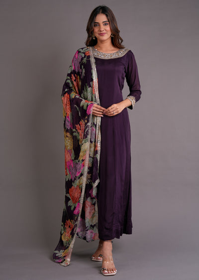 Wine Chinnon Anarkali Suit