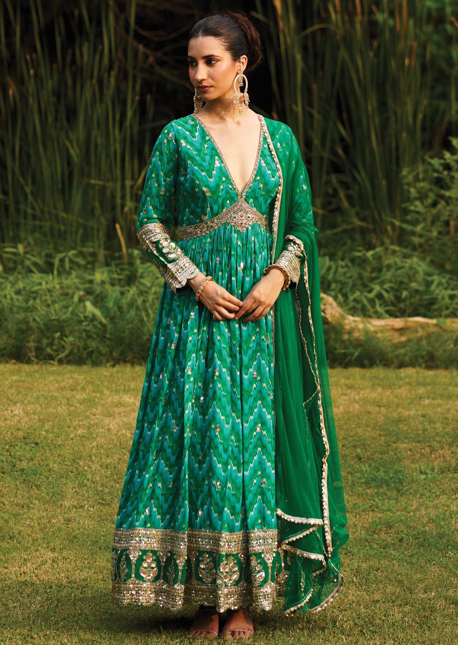 Rama Green Chinnon Anarkali Suit