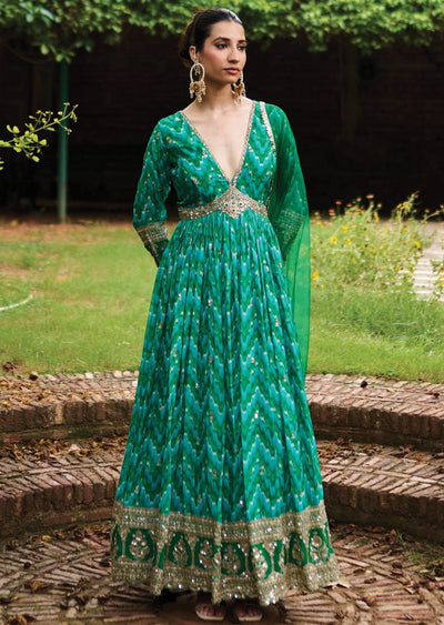 Rama Green Chinnon Anarkali Suit