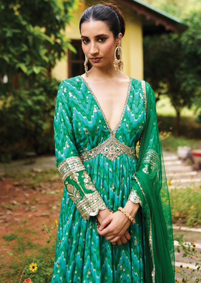 Rama Green Chinnon Anarkali Suit