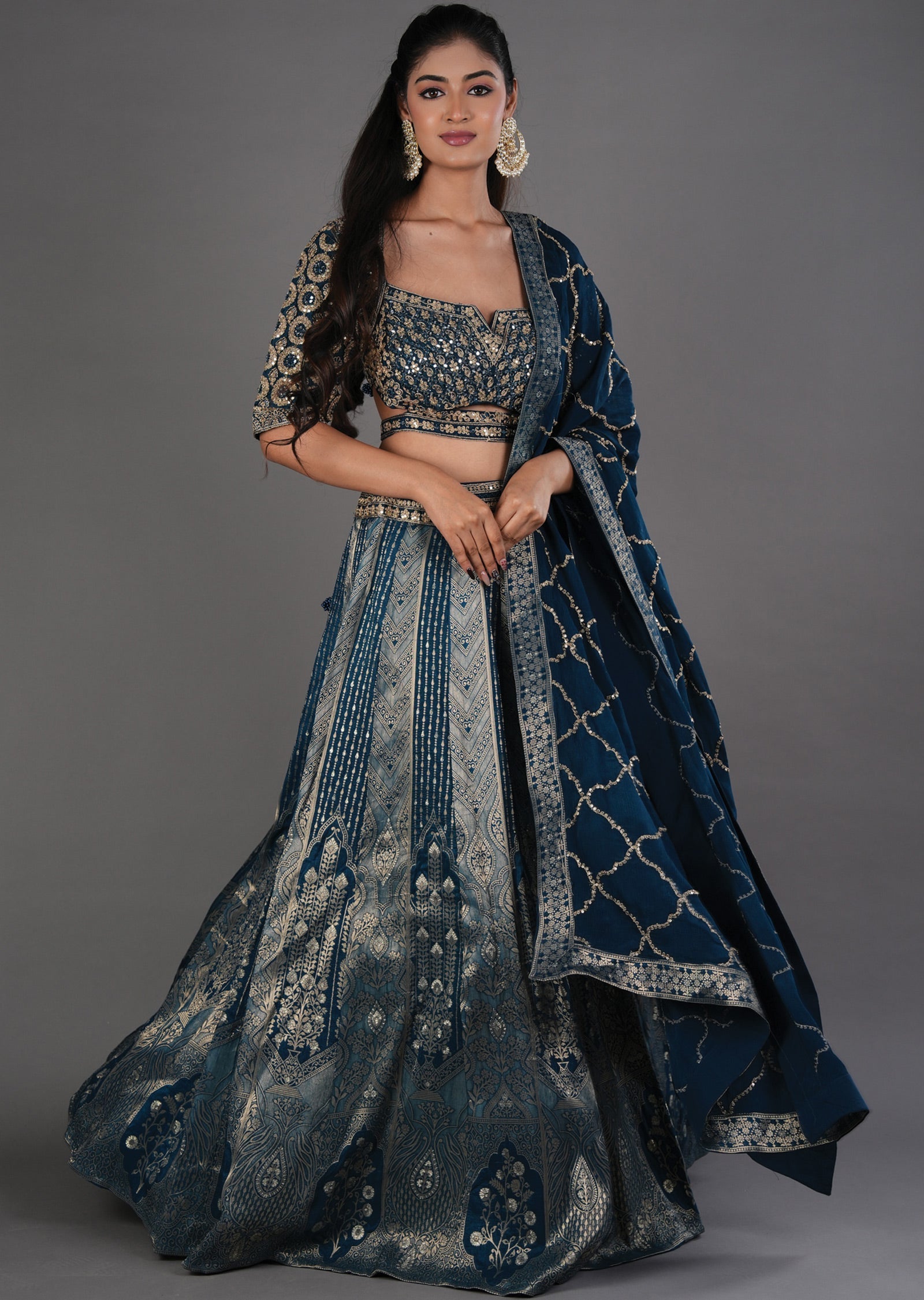 Teal Blue Silk Lehenga