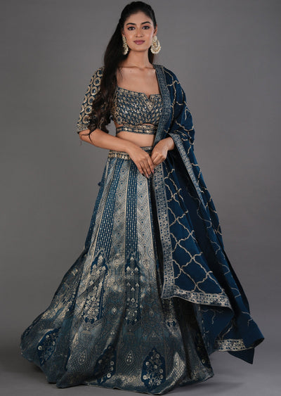 Teal Blue Silk Lehenga