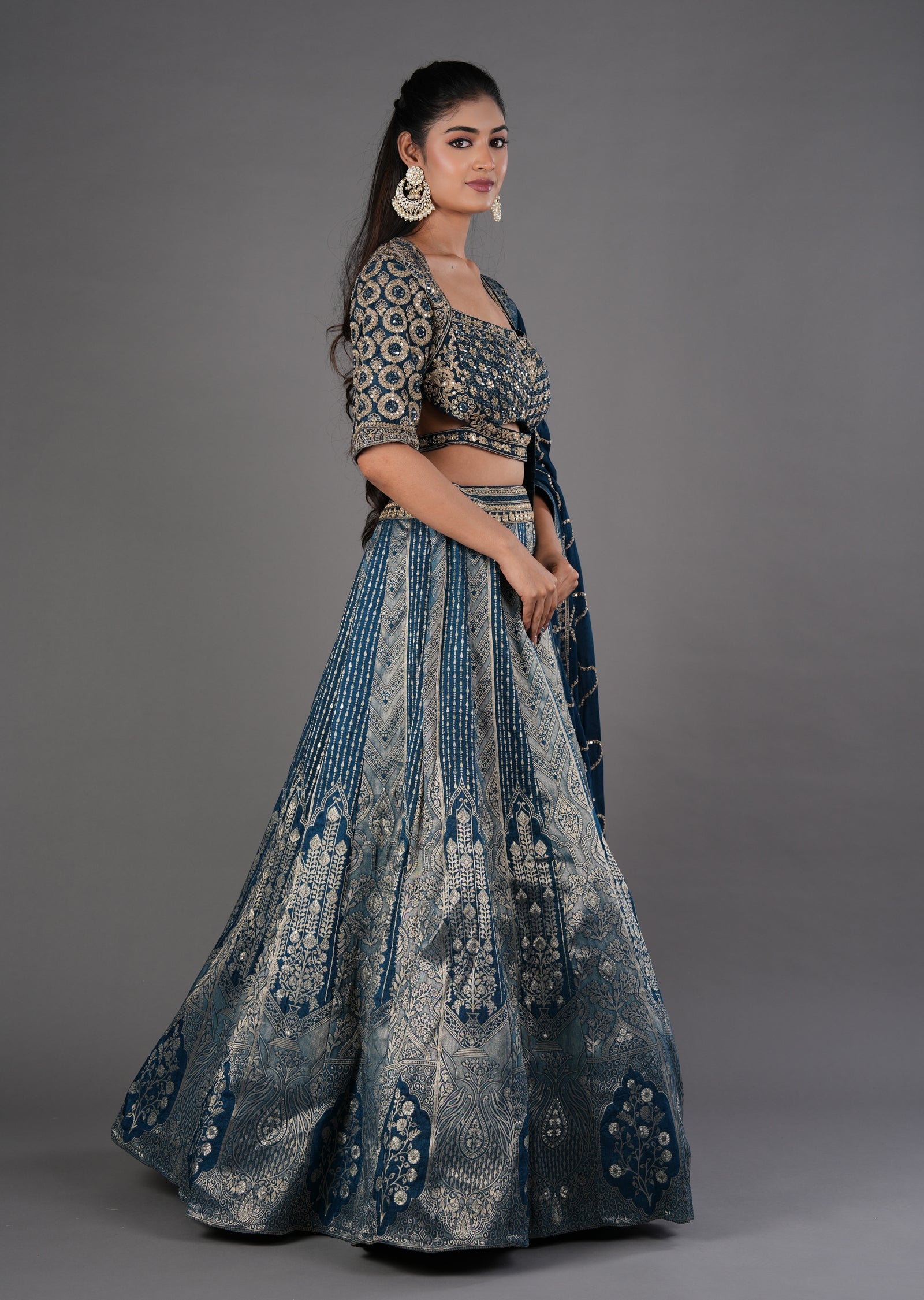 Teal Blue Silk Lehenga