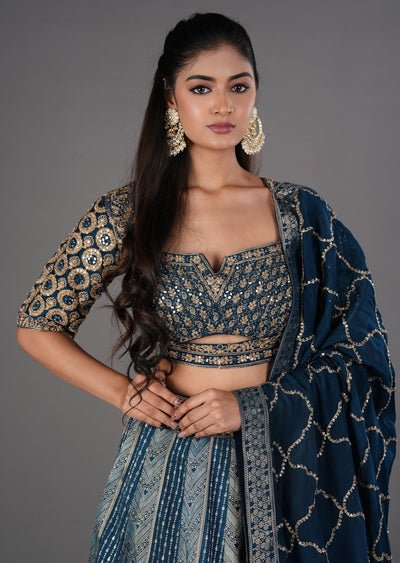 Teal Blue Silk Lehenga