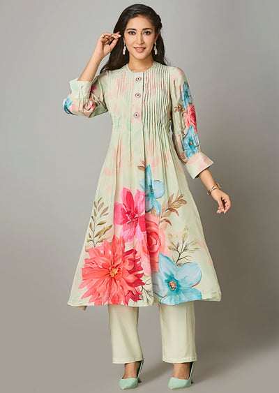 Pista Green Crepe Straight Cut Kurti Set