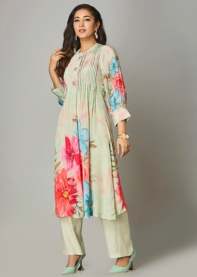 Pista Green Crepe Straight Cut Kurti Set
