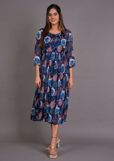 Navy Blue Chinnon Midi Dress