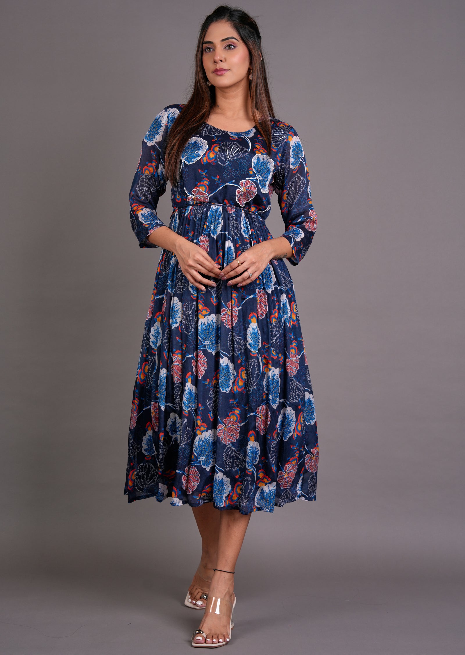 Navy Blue Chinnon Midi Dress