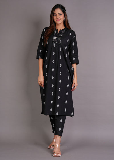 Black Cotton Straight Cut Kurti Set