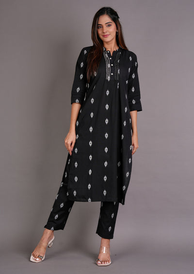 Black Cotton Straight Cut Kurti Set