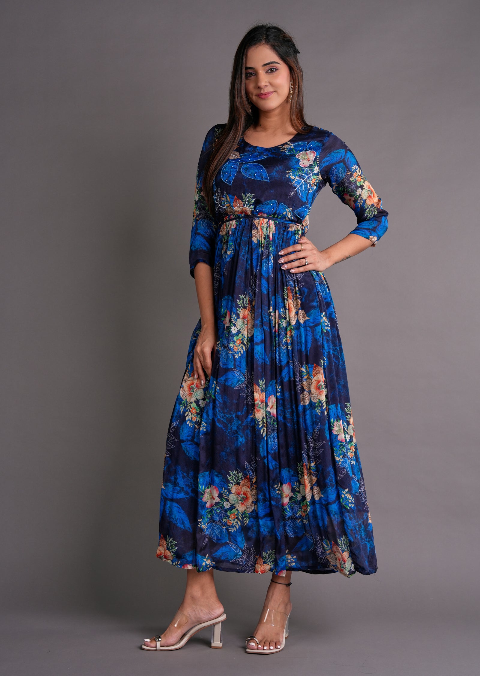 Navy Blue Chinnon Long Dress