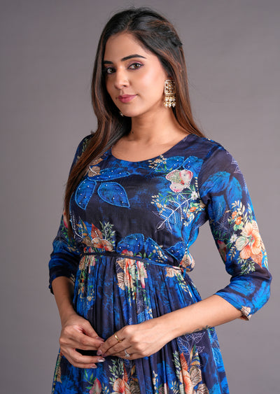 Navy Blue Chinnon Long Dress