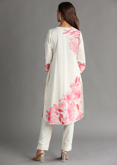 Off White & Pink Schiffli Cotton Straight Cut Kurti Set