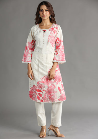 Off White & Pink Schiffli Cotton Straight Cut Kurti Set