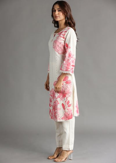 Off White & Pink Schiffli Cotton Straight Cut Kurti Set
