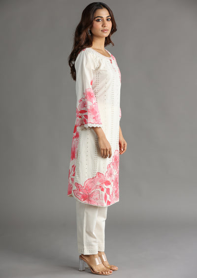 Off White & Pink Schiffli Cotton Straight Cut Kurti Set