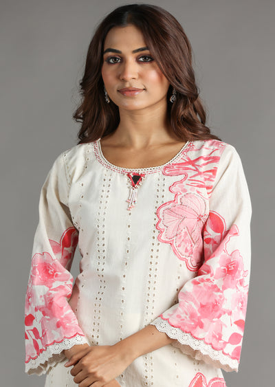 Off White & Pink Schiffli Cotton Straight Cut Kurti Set