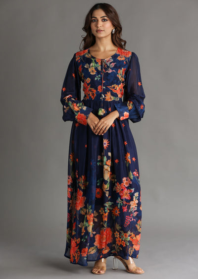 Navy Blue Chinnon Long Dress