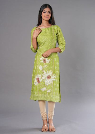 Parrot Green Linen Silk Straight Cut