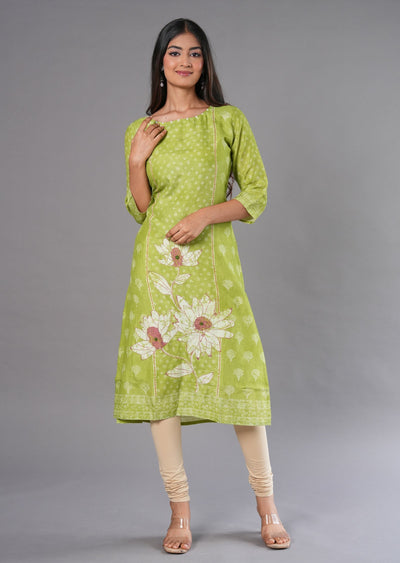 Parrot Green Linen Silk Straight Cut