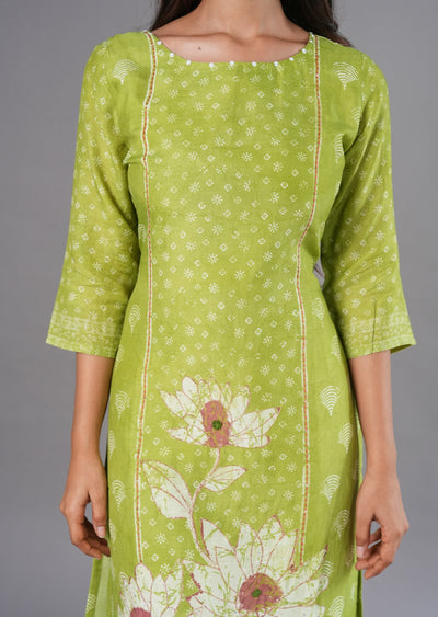 Parrot Green Linen Silk Straight Cut