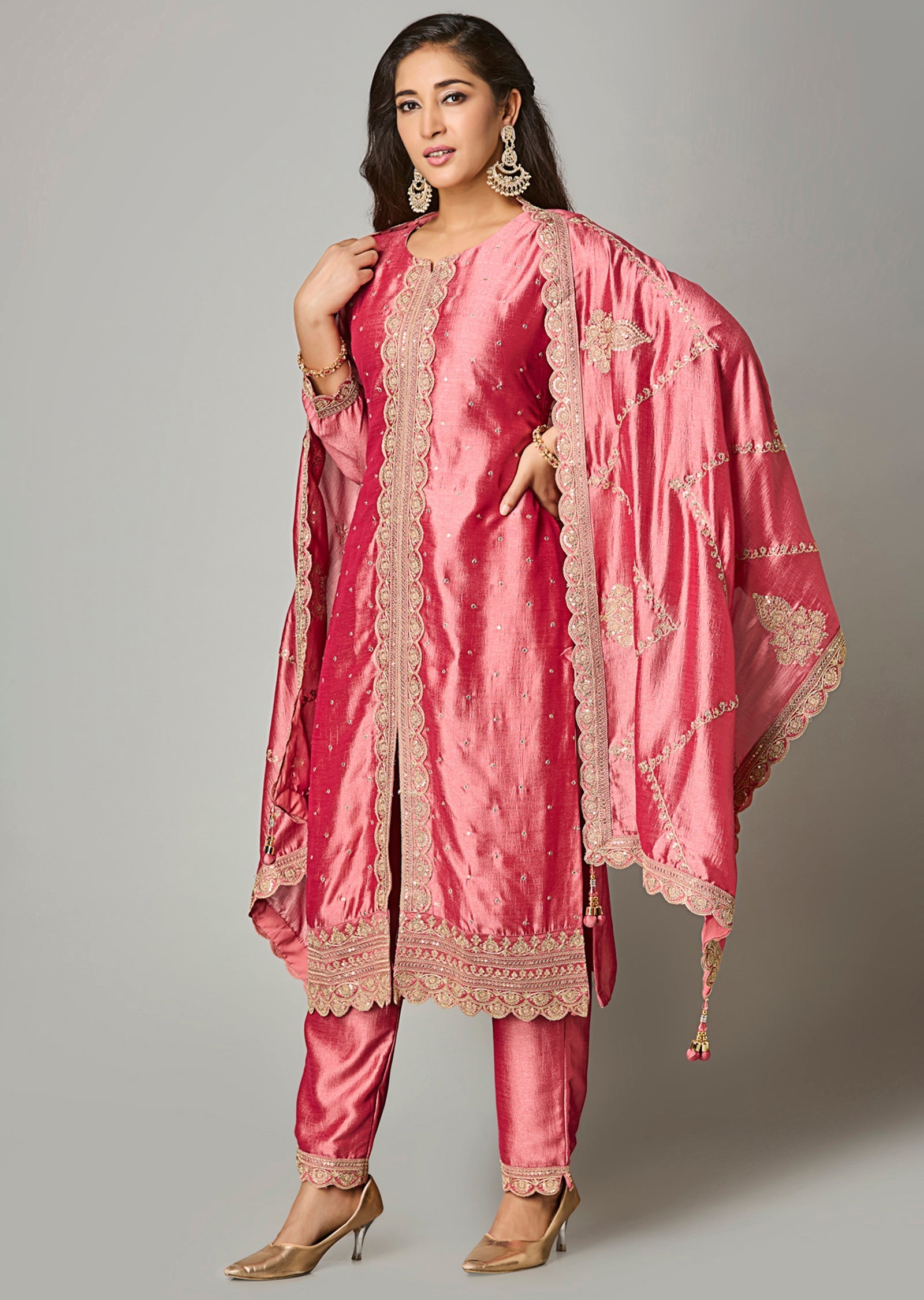 Onion Pink Silk Straight Cut Suit
