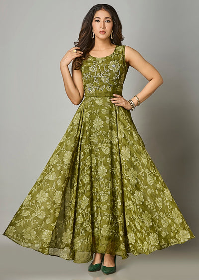 Mehendi Green Chiffon Long Dress