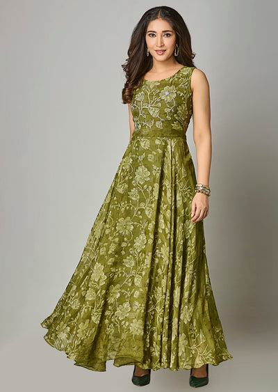 Mehendi Green Chiffon Long Dress