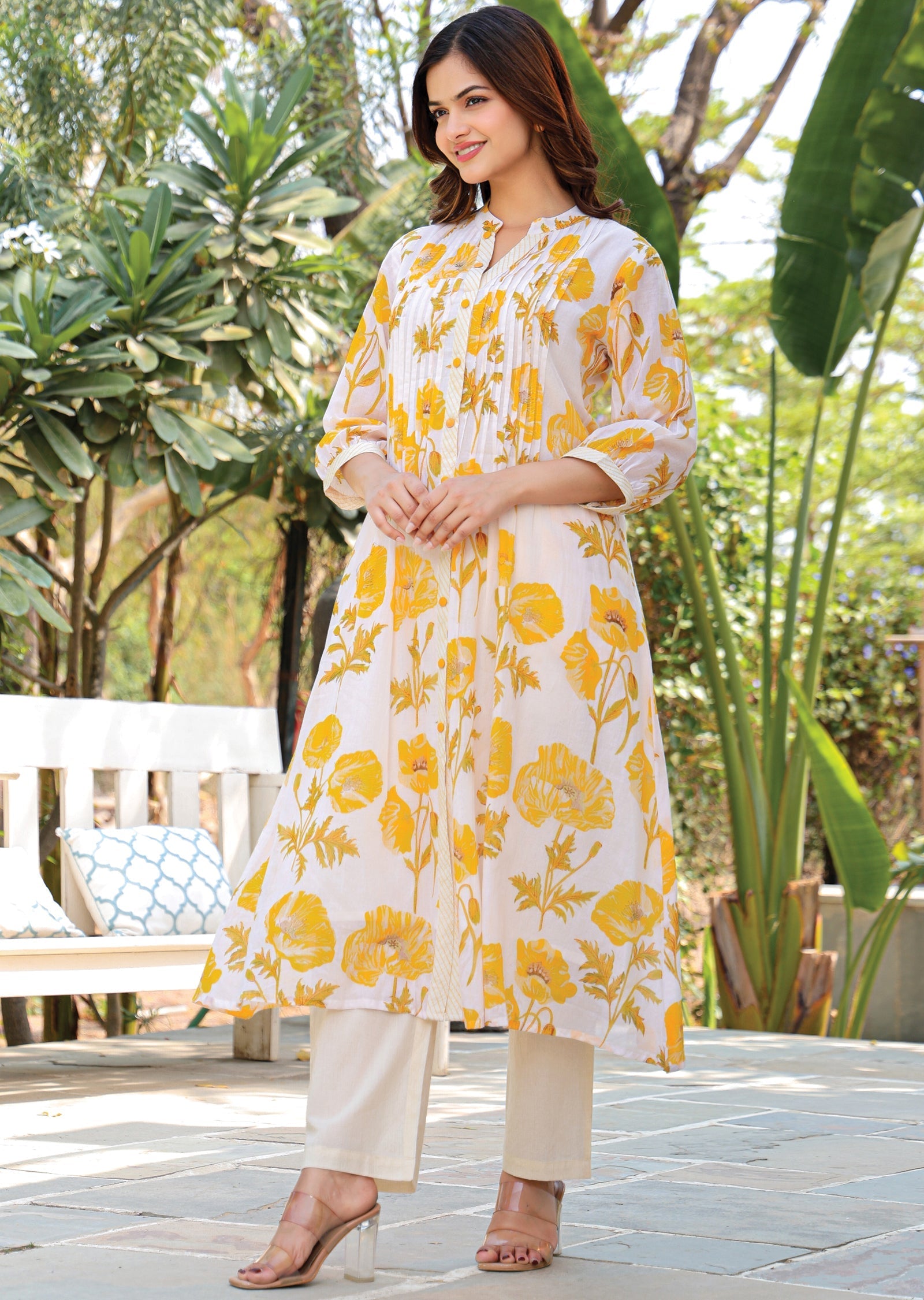 Yellow Cotton Straight Cut Kurti Set