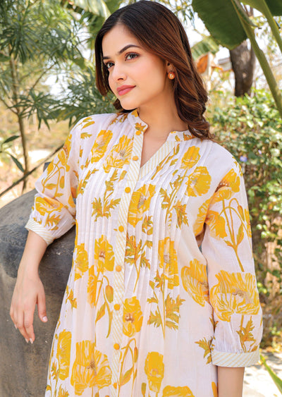 Yellow Cotton Straight Cut Kurti Set