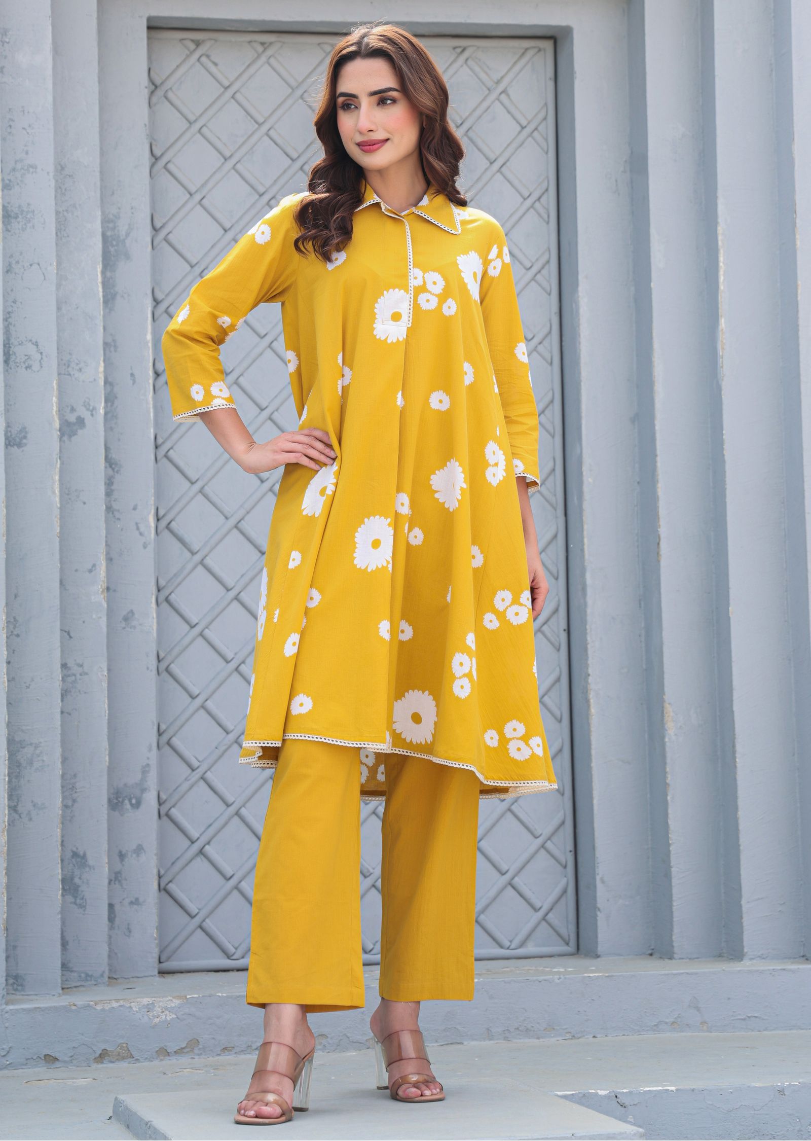 Mustard Cotton Straight Cut Kurti Set