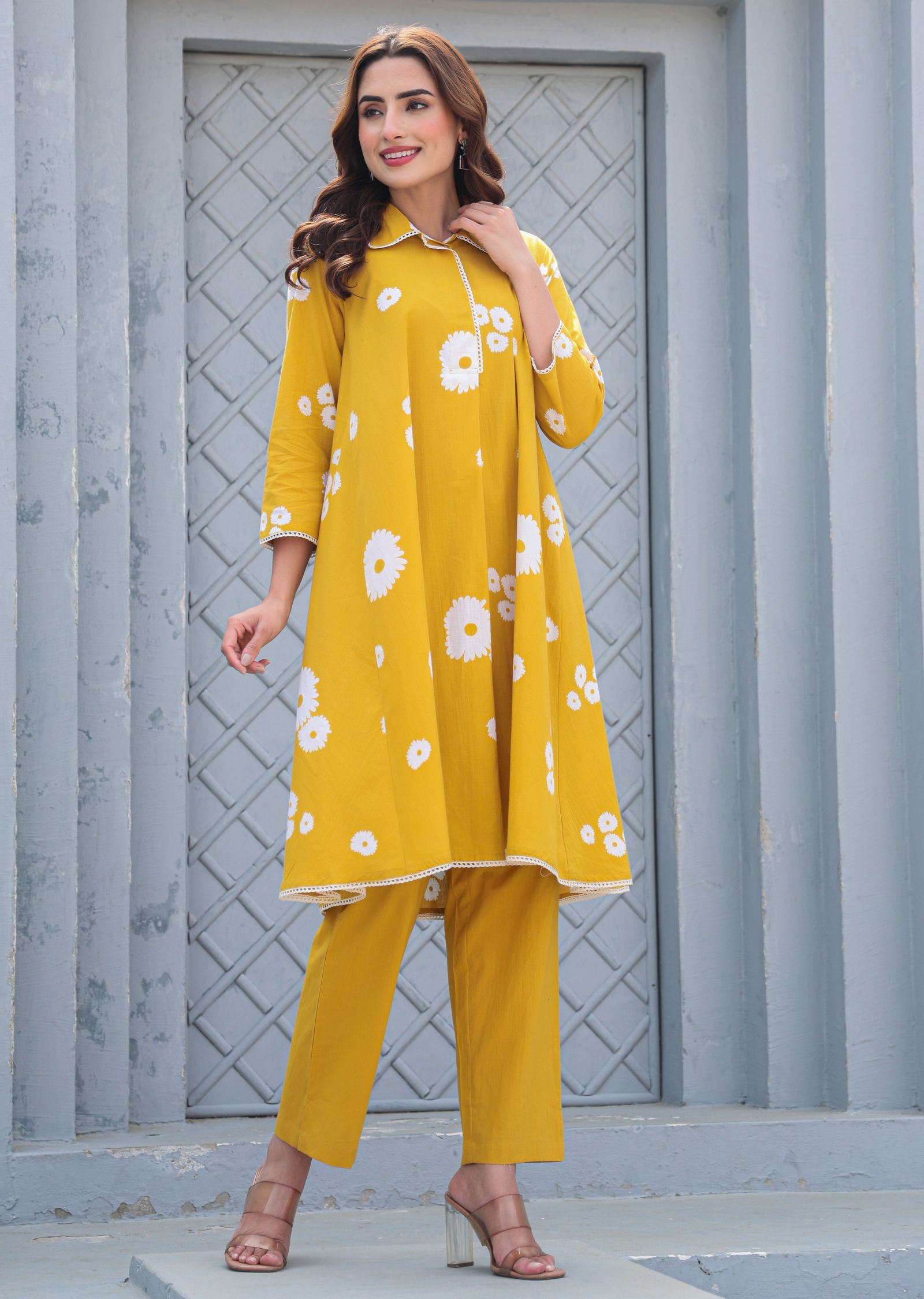 Mustard Cotton Straight Cut Kurti Set