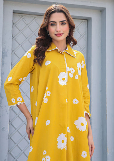Mustard Cotton Straight Cut Kurti Set