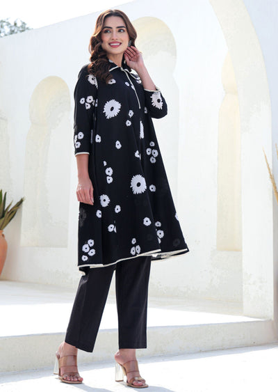 Black Cotton Straight Cut Kurti Set