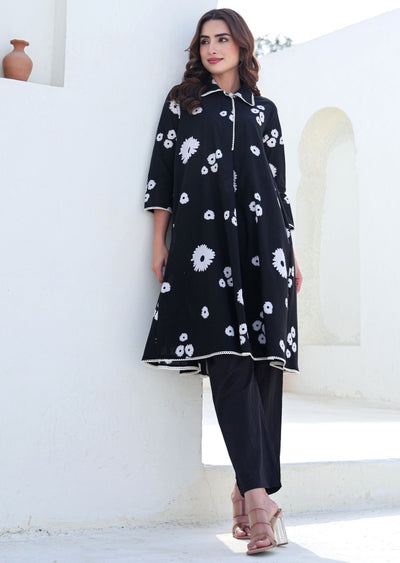 Black Cotton Straight Cut Kurti Set