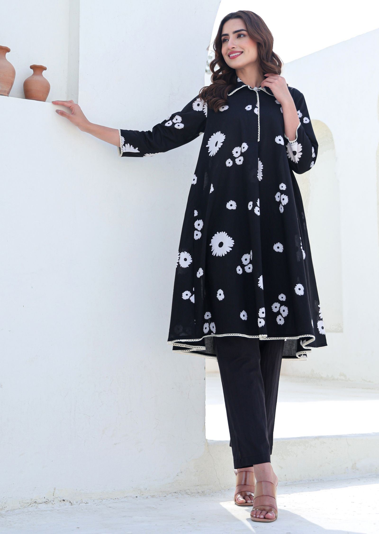 Black Cotton Straight Cut Kurti Set