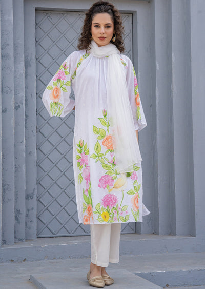 Off White Cotton Straight Cut Suit