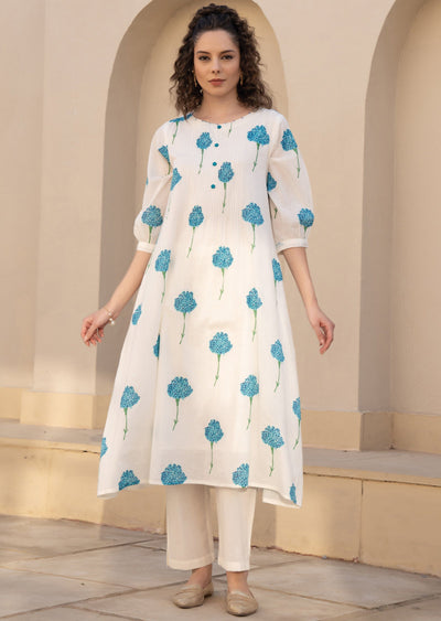 Blue Cotton Straight Cut Kurti Set