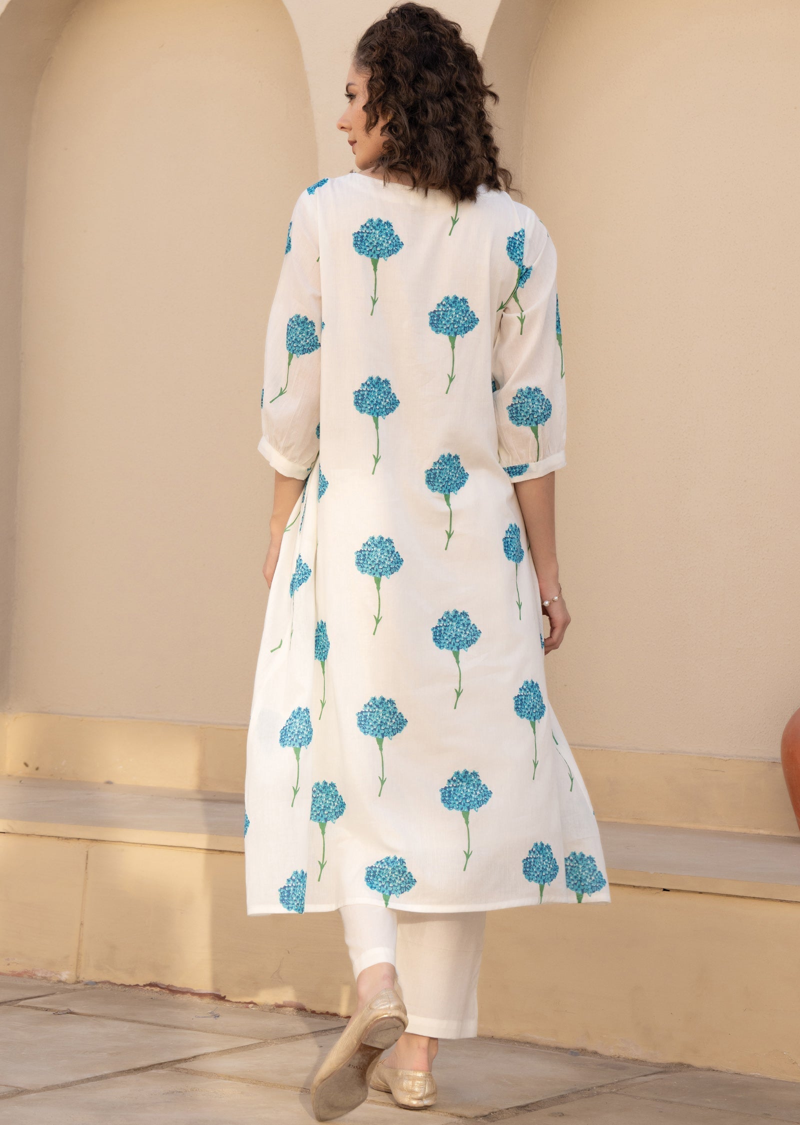 Blue Cotton Straight Cut Kurti Set