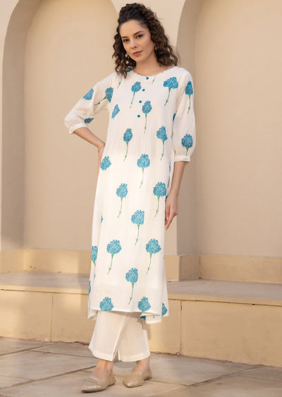 Blue Cotton Straight Cut Kurti Set
