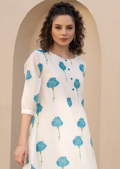 Blue Cotton Straight Cut Kurti Set