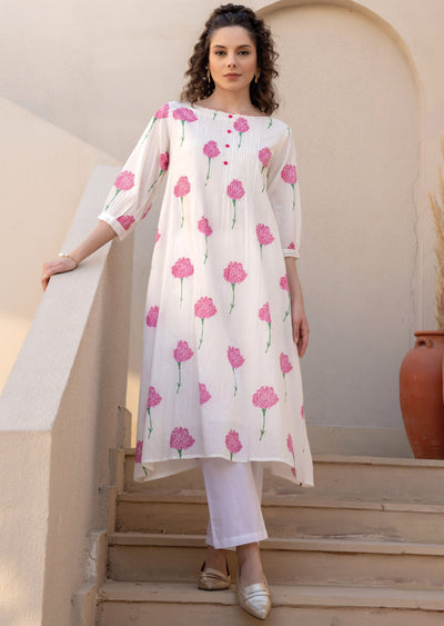 Pink Cotton Straight Cut Kurti Set