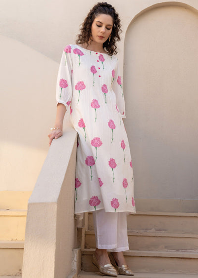 Pink Cotton Straight Cut Kurti Set