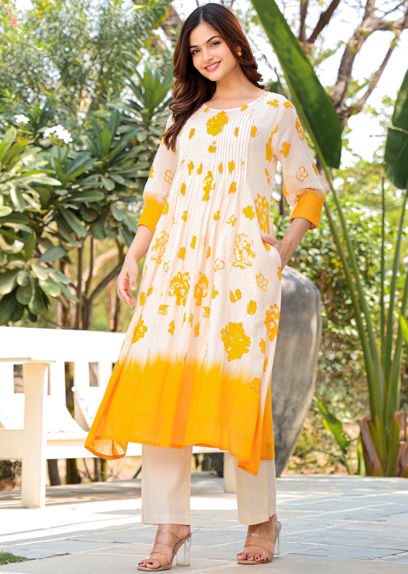 Yellow Cotton Straight Cut Kurti Set