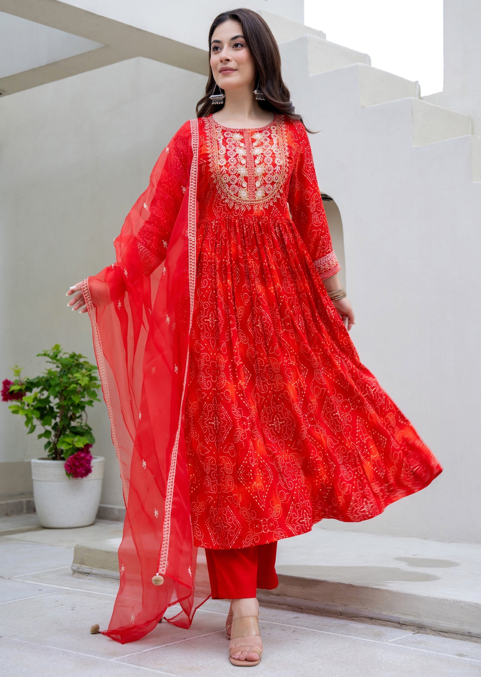Red Rayon Anarkali Suit