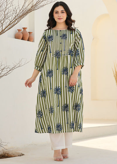 Mehndi Green Cotton Straight Cut Kurti Set