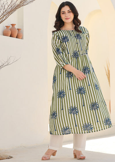 Mehndi Green Cotton Straight Cut Kurti Set