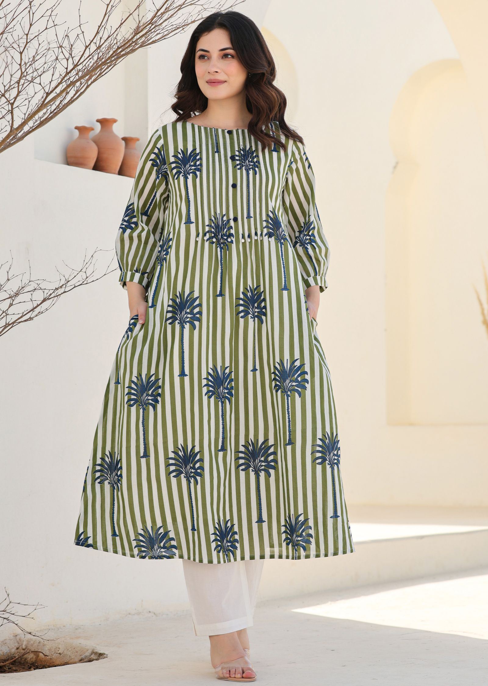 Mehndi Green Cotton Straight Cut Kurti Set