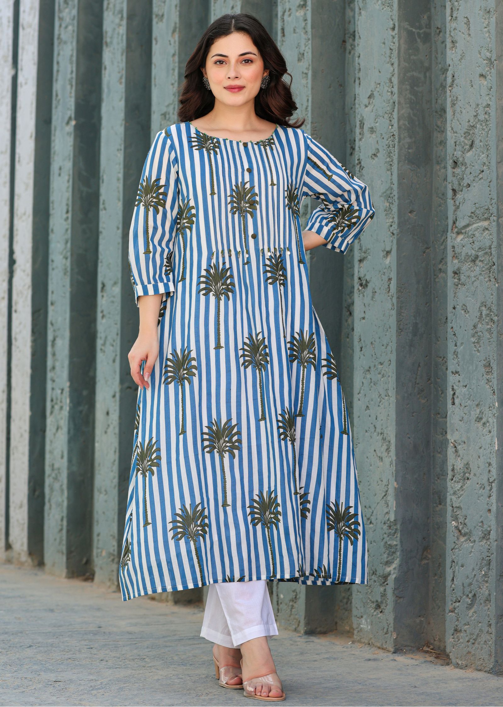 Navy Blue Cotton Straight Cut Kurti Set
