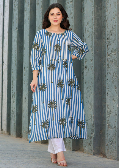 Navy Blue Cotton Straight Cut Kurti Set